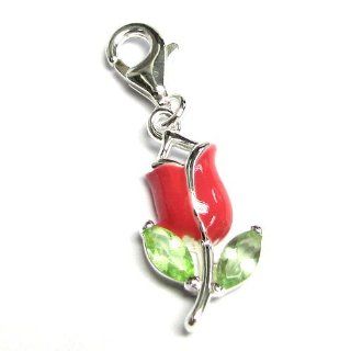 Sterling Silver Pink Rose Enamel Flower Green Cz Dangle Bead European Clip On Charm Pendant W/ Lobster Clasp Jewelry