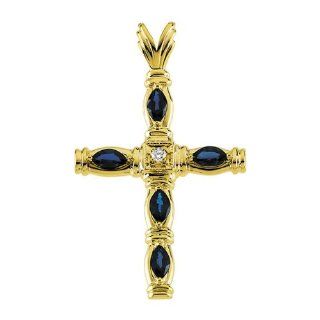 Genuine Blue Sapphire 14K Yellow Gold Cross Pendant by US Gems, 41.25 X 25.00 mm Pendant Necklaces Jewelry