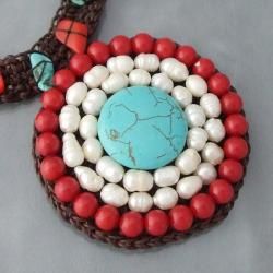 Cotton Dramatic Turquoise/ Pearl/ Coral Necklace (Thailand) Necklaces