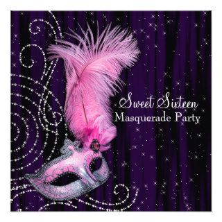 Black Purple Pink Sweet 16 Masquerade Party Invitations
