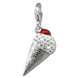 SilberDream Glitter Charm ice cream cornet with white Czech crystals, 925 Sterling Silver Charms Pendant with Lobster Clasp for Charms Bracelet, Necklace or Earring GSC567W Clasp Style Charms Jewelry