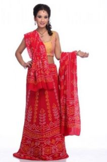 Chhabra 555 Womens Chinese Red Bandhej Lehanga Unstitched One Size Clothing