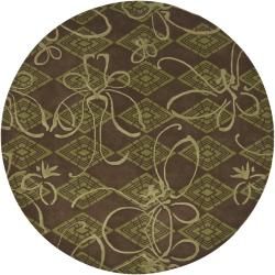 Mandara Brown/ Green Hand tufted Floral New Zealand Wool Area Rug (7'9 Round) Mandara Round/Oval/Square