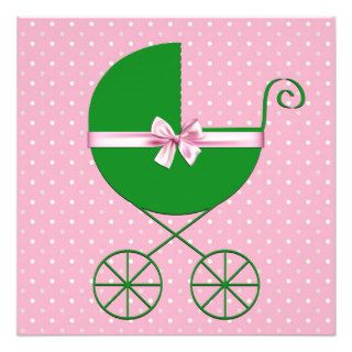 Green Carriage and Pink Polka Dot Baby Shower Personalized Announcements