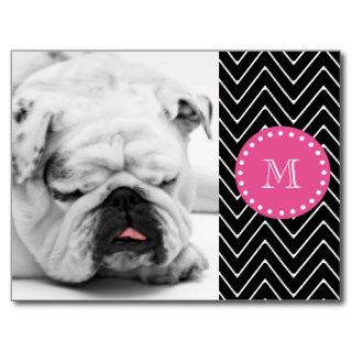 Hot Pink, Black and White Chevron  Your Monogram Post Card