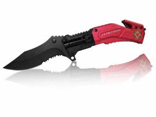 3.5" FIRE FIGHTER Folding pocket Knife w/ LED Light Features seatbelt cutter, glass breaker, and belt clip on back of knife, as well as a fold out LED flashlight SIZE 8"  Hunting Knives  Sports & Outdoors