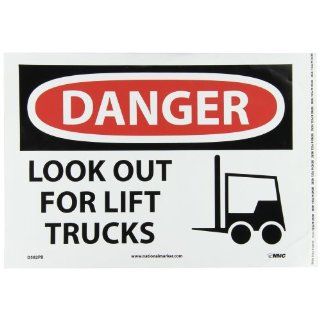 NMC D582PB OSHA Sign, Legend "DANGER   LOOK OUT FOR LIFT TRUCKS" with Graphic, 14" Length x 10" Height, Pressure Sensitive Vinyl, Black/Red on White Industrial Warning Signs