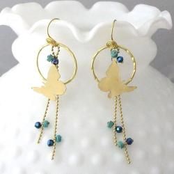 Brass Finesse Butterfly Turquoise/ Crystal Dangle Earrings (Thailand) Earrings