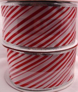 Red and White Striped, Candy Cane, Wire Edged Ribbon, Shiny, Holiday Inspirations 2.5 In. X 100 Ft. (2 pack   200 feet total)