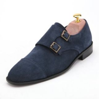Men's Handmade Blue Suede Double Monk Strap Loafer Shoe By Angel Cola Shoes