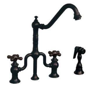 Whitehaus WHTTSCR3 9771SPR PTR Haus 9 Inch Bridge Faucet with Long Traditional Swivel Spout, Cross Handles and Solid Brass Side Spray, Pewter   Touch On Kitchen Sink Faucets  
