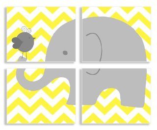 The Kids Room By Stupell Wall Decor, Gray Elephant and Birdie On Yellow Chevron Quadtrich  Nursery Wall Decor  Baby