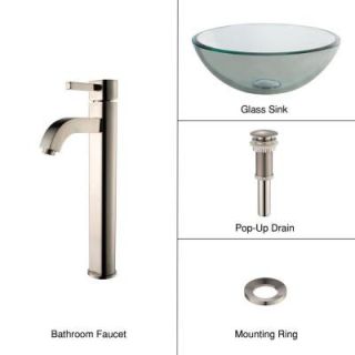 KRAUS Glass Bathroom Sink in Clear with Single Hole 1 Handle Low Arc Ramus Faucet in Satin Nickel C GV 101 14 12mm 1007SN