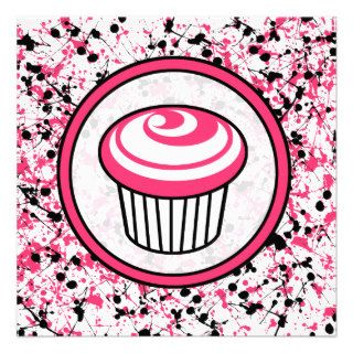 Cupcake Invitation   Pink & Black Paint Splatter