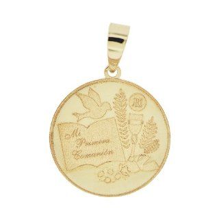 14k Yellow Gold, Laser Engraved First Communion Pendant Charm Round in Spanish Jewelry