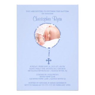 BLUE Rosary Cross Photo Baptism Inviation BOY Personalized Invitation