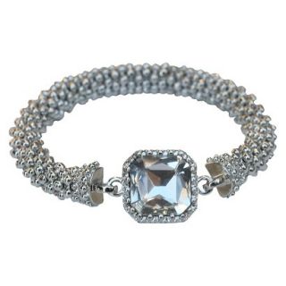 Satin Textured Rondelles with Square Crystal Stretch Bracelet   Rhodium