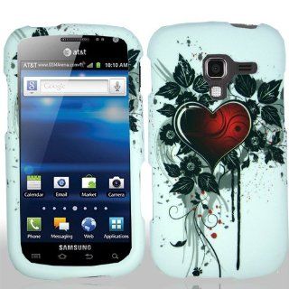 Samsung Galaxy Exhilarate i577 i 577 White with Red Love Heart Black Flower Leaves Design Rubber Feel Snap On Hard Protective Cover Case Cell Phone Cell Phones & Accessories