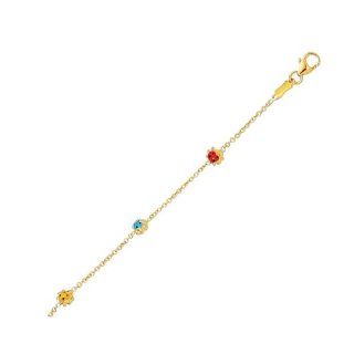 14K Yellow Gold 1.8mm 5" 5.5" Adjustable Cable Link Chain With Lady Bug Children Bracelet With Pear Shape Clasp Jewelry