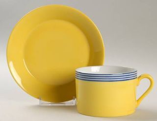 Fitz & Floyd Circa Flat Cup & Saucer Set, Fine China Dinnerware   Yellow W/Blue