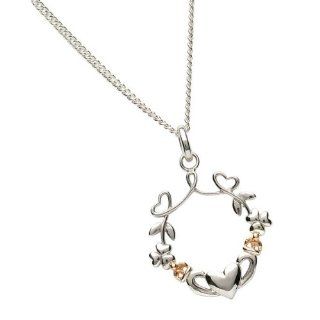 Sterling Silver Claddagh Necklace with Shamrocks and Hearts Jewelry