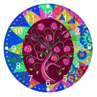 Whimsical Tree of Life Roses Colorful Abstract Wall Clock