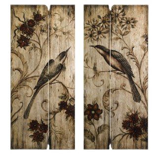 Set of 2 Country Chic Bird and Floral Earth Tone Wall Panels 40"   Wall Sculptures