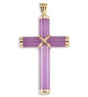 Solid 14k Gold Detailed Purple Jade Cross Pendant Jewelry