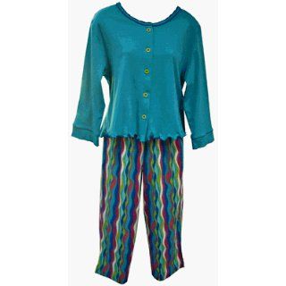 RocketWear Women's Cool Stripes Cotton Knit Button Front Capri Pajamas/Lounge Set with Teal Top
