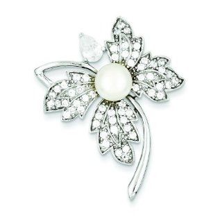 Sterling Silver Cream Simulated pearl Pearl & CZ Pin Brooches And Pins Jewelry