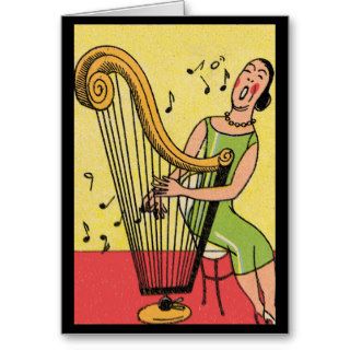 Vintage Print of Woman Playing Harp Card