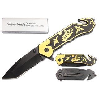 US NAVY AIRCRAFT CARRIER LASER ETCHED RESCUE FOLDING KNIFE  GOLD TONED  Other Products  