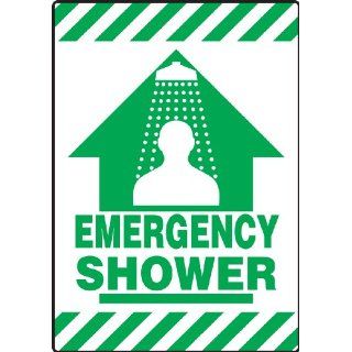 Accuform Signs PSR636 Slip Gard Adhesive Vinyl Mat Style Floor Sign, Legend "EMERGENCY SHOWER" with Arrow Graphic, 14" Width x 20" Length, Green on White Industrial Warning Signs