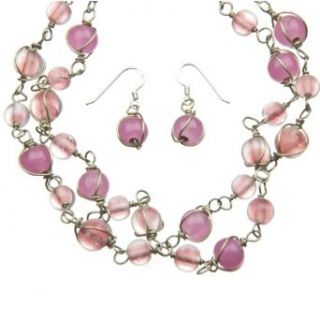 Wire Wrapped Pink Glass Bead Necklace and Earring Set Clothing