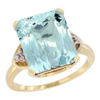 10K Yellow Gold Natural Aquamarine Ring Emerald shape 12x10 Stone Diamond Accent, sizes 5 10 Jewelry