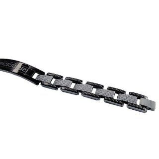 Stainless Steel 1089NB Studded Black Dark Tone Greek Key Pattern ID I.d. Link Bracelet Jewelry