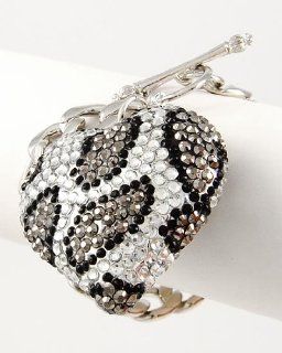 BLING Leopard Zebra Animal Print Designer Crystal & Rhinestone Handmade Heart Toggle Bracelet By Jersey Bling (Silver Leopard) Jewelry
