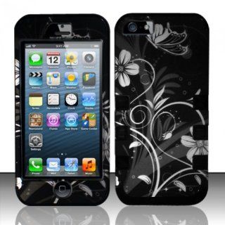For iPhone 5 (AT&T/Sprint/Verizon/Cricket) FUSION Rubberized Design Cover w/ Black TPU   White Flowers FUS Cell Phones & Accessories