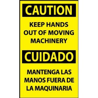 NMC ESC622AP Bilingual OSHA Sign, Legend "CAUTION   KEEP HANDS OUT OF MOVING MACHINERY", 3" Length x 5" Height, Pressure Sensitive Vinyl, Black On Yellow (Pack of 5) Industrial Warning Signs