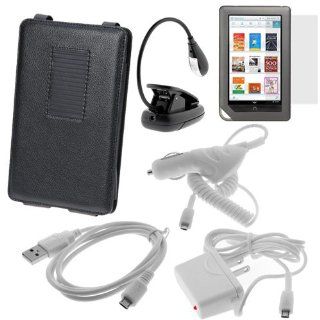 GTMax Black Leather Case with Stand + Black Clip On Light + Clear LCD Screen Protector + White Micro USB Cable + White Car Charger + White Home Wall Charger for Barnes & Noble NookColor Ebook Tablet   Players & Accessories