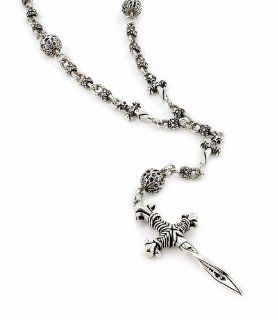 Twisted Blade Silver Studded Ball Link And Small Dagger Rosary With Large Twisted Dagger Pendant 32 Inch Jewelry
