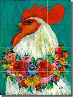 Floral Rooster by Bonnie Siebert   Rooster Chicken Ceramic Tile Mural 18" x 24" Kitchen Shower Backsplash    