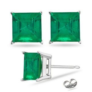 1/4 (0.21 0.27) Cts of 3 mm AAA Square Step Cut Natural Emerald Stud Earrings in 14K White Gold Jewelry