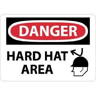 NMC D650AB OSHA Sign, Legend "DANGER   Hard hat area" with Graphic, 14" Length x 10" Height, Aluminum, Black/Red on White Industrial Warning Signs
