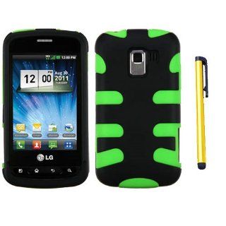 Hard Plastic Snap on Cover Fits LG VS700 LS700 Enlighten, Optimus Slider Rubberized Black/Electric Green Fishbone + A Gold Color Stylus/Pen Verizon Cell Phones & Accessories