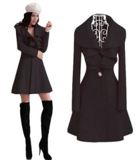 Izaac Womens Slim Fit Ruffle Winter Woolen Jacket Coat Long Overcoat (US 2Asia M, Black)