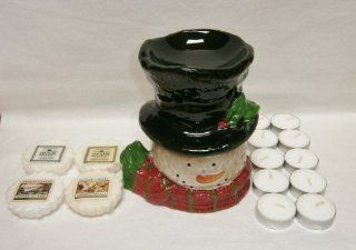 Gift Set Snowman Head Fragrance Wax Melts Ceramic Burner/Warmer Plus 4 Yankee Candle Tarts Christmas Snowflake, Holiday Snow, Peppermint Bark, Sparkling Vanilla Plus 10 White Tea Lights   Candle Accessories