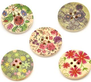 Housweety Mixed Wooden Natural Flower Pattern 4 holes Sewing Scrapbooking Buttons, 50 Pcs