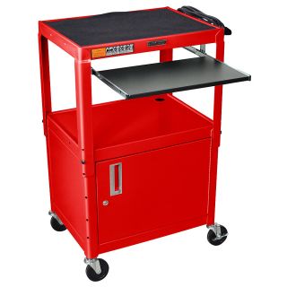Luxor  H. Wilson Adjustable Height Av Cart With Cabinet And Pull Out Tray   24X18 Shelves   Red   Red