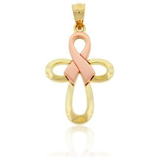 Gold Pink Ribbon Cross Charm, 10k Pendants Jewelry